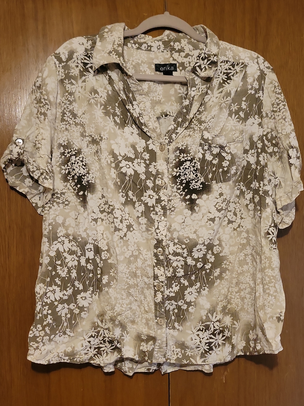 Erika Olive and White Floral Button-Down Shirt